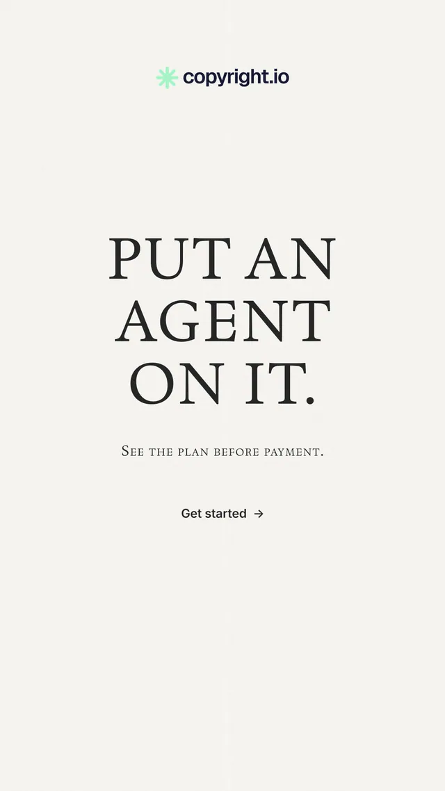 Instagram story for copyright.io: "Put an agent on it." Minimal luxury style, smallcaps layout, light palette in white.
