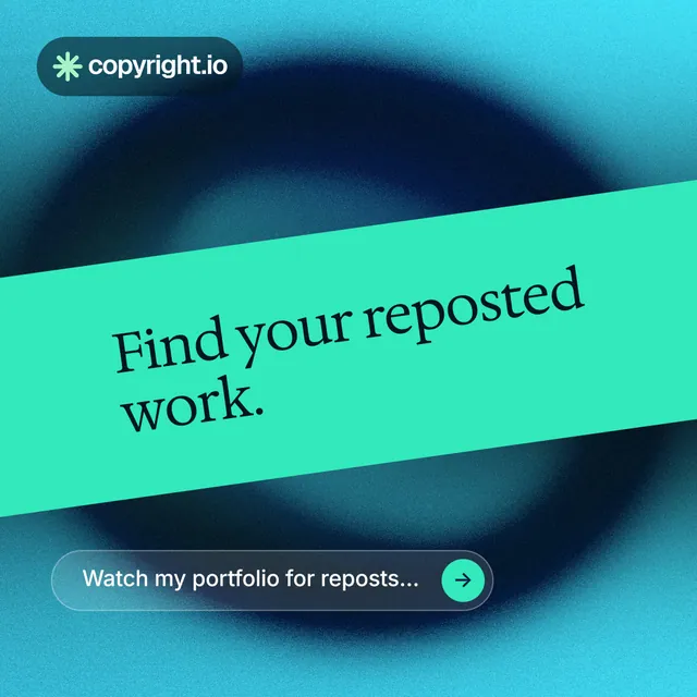 Instagram post for copyright.io: "Find your reposted work." Agentic glass style, diagonal layout, light palette in blue, teal.