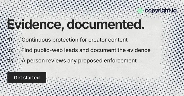 Social ad for copyright.io: "Evidence, documented." Swiss style, numbered layout, light palette in grey, white.