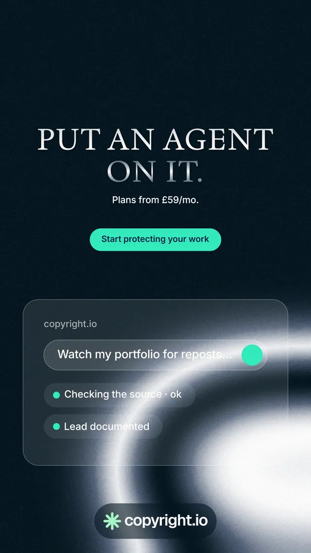 Instagram story for copyright.io: "Put an agent on it." Y2K style, centred layout, dark palette in black, blue, grey.