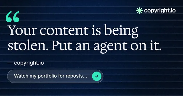 Social ad for copyright.io: "Protect your work." Agentic glass style, quote layout, dark palette in blue, black.