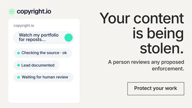 Landscape graphic for copyright.io: "Your content is being stolen." Editorial style, right layout, light palette in white, grey.