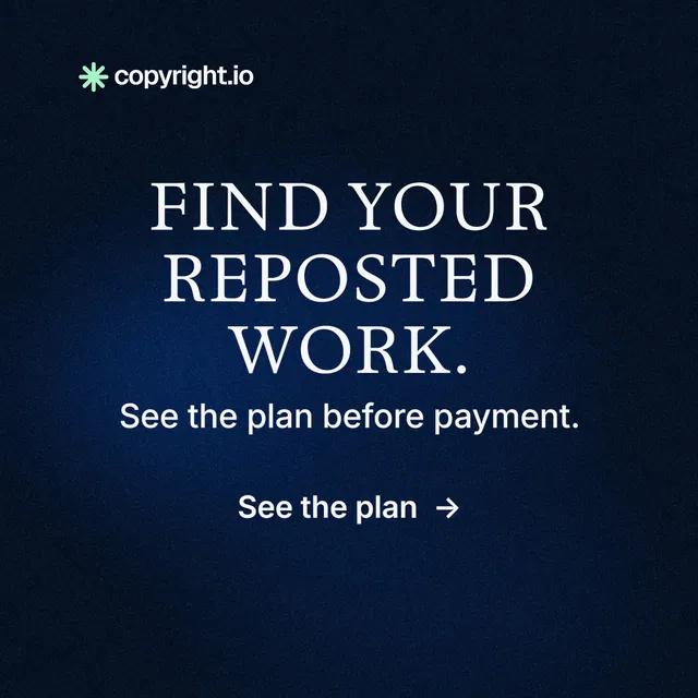 Instagram post for copyright.io: "Find your reposted work." Minimal luxury style, skeleton layout, dark palette in black, blue.