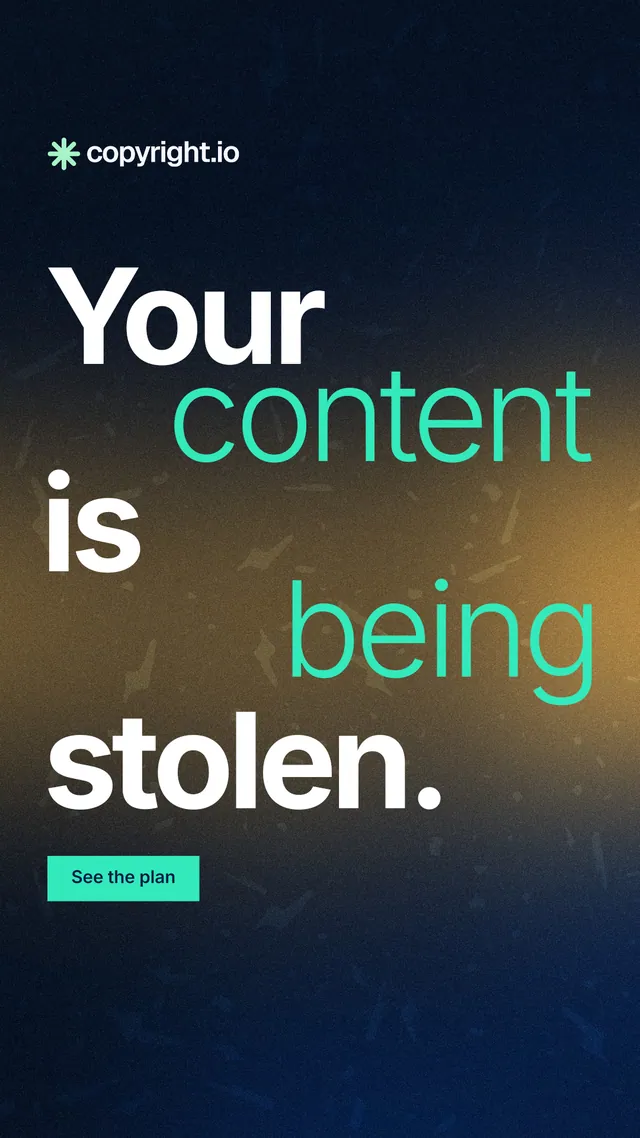 Instagram story for copyright.io: "Your content is being stolen." Swiss style, stacked layout, dark palette in black, blue, yellow.