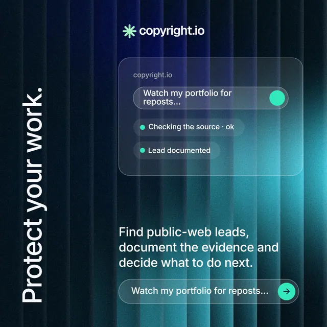 Instagram post for copyright.io: "Protect your work." Agentic glass style, vertical layout, dark palette in teal, black, blue.