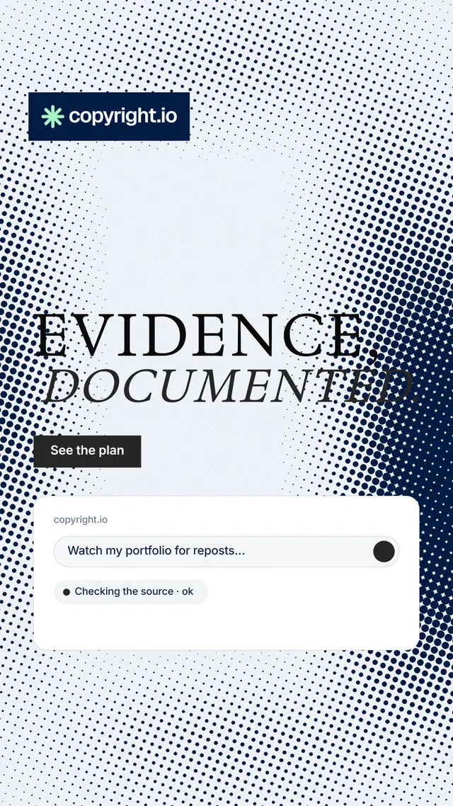 Instagram story for copyright.io: "Evidence, documented." Split block style, stacked layout, light palette in white, blue, grey.
