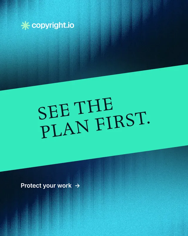 Instagram portrait post for copyright.io: "See the plan first." Minimal luxury style, diagonal layout, light palette in teal, blue.