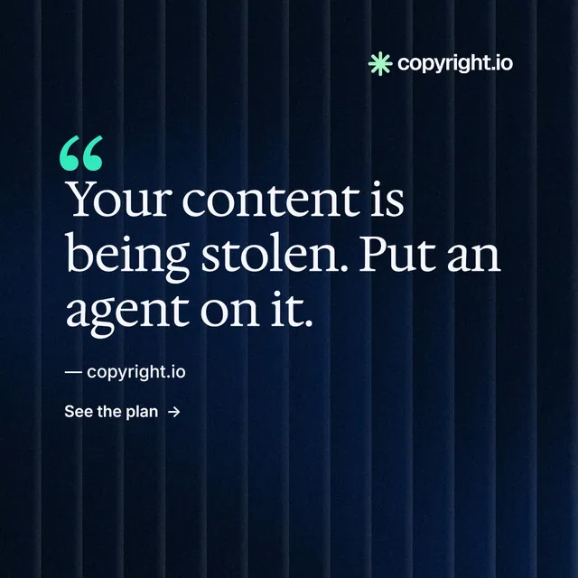 Instagram post for copyright.io: "Your content is being stolen." Minimal luxury style, quote layout, dark palette in black, blue.