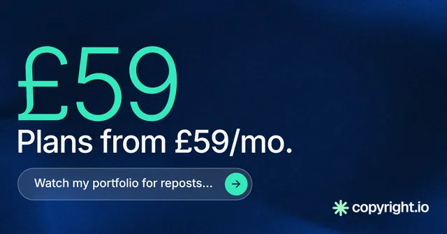 Social ad for copyright.io: "Put an agent on it." Agentic glass style, stat layout, dark palette in blue, black, teal.