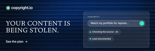 X header for copyright.io: "Your content is being stolen." Minimal luxury style, bottom layout, dark palette in blue, black.