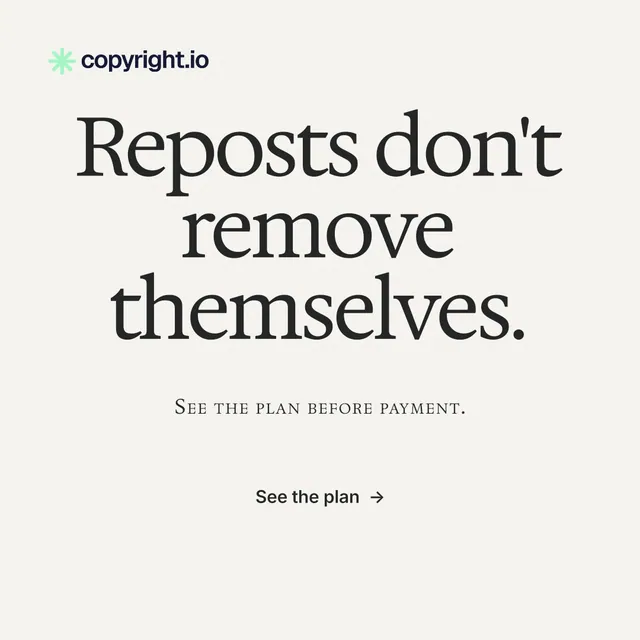 Instagram post for copyright.io: "Reposts don't remove themselves." Swiss style, smallcaps layout, light palette in white, grey.