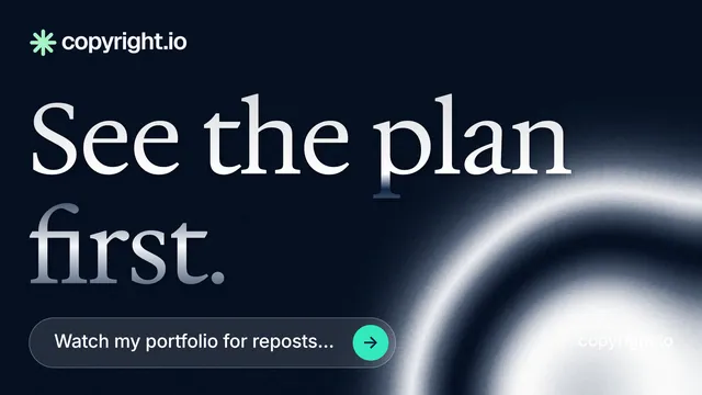 Landscape graphic for copyright.io: "See the plan first." Agentic glass style, poster layout, dark palette in black, blue, grey.