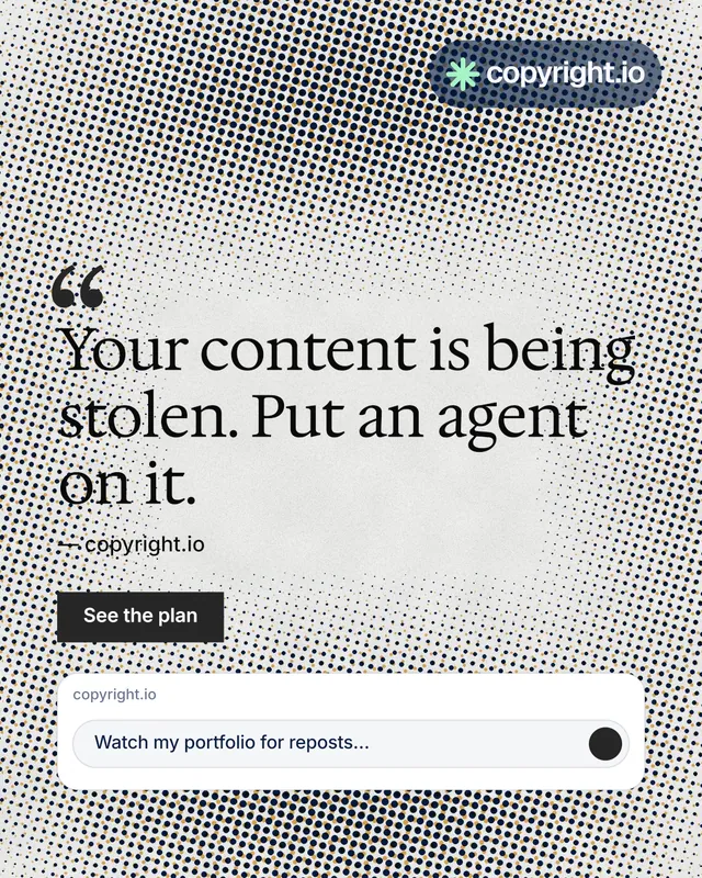 Instagram portrait post for copyright.io: "Find your reposted work." Retro print style, quote layout, light palette in grey, white.