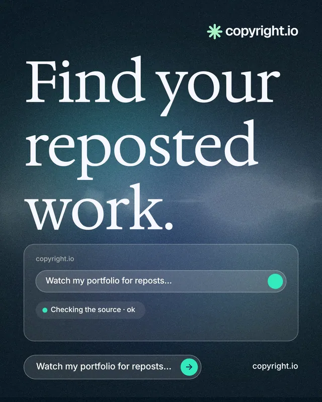 Instagram portrait post for copyright.io: "Find your reposted work." Agentic glass style, poster layout, dark palette in black, blue, grey.