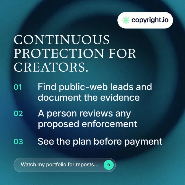 Instagram post for copyright.io: "Continuous protection for creators." Agentic glass style, numbered layout, dark palette in teal, blue, black.