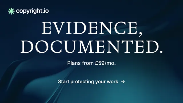 Landscape graphic for copyright.io: "Evidence, documented." Minimal luxury style, centred layout, dark palette in blue, black.