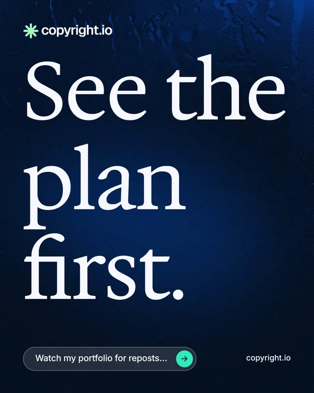 Instagram portrait post for copyright.io: "See the plan first." Agentic glass style, poster layout, dark palette in black, blue, grey.