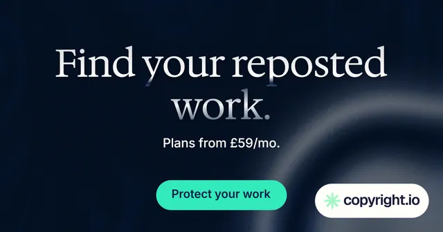Social ad for copyright.io: "Find your reposted work." Y2K style, centred layout, dark palette in black, blue, teal.