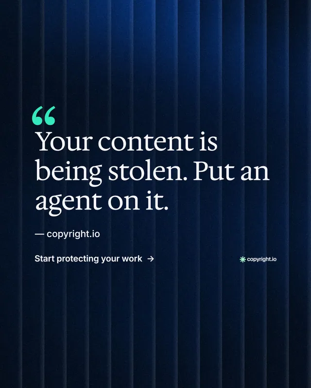 Instagram portrait post for copyright.io: "Put an agent on it." Minimal luxury style, quote layout, dark palette in black, blue.