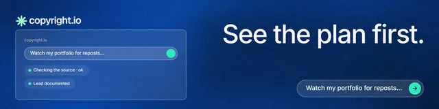 LinkedIn banner for copyright.io: "See the plan first." Agentic glass style, right layout, dark palette in blue.