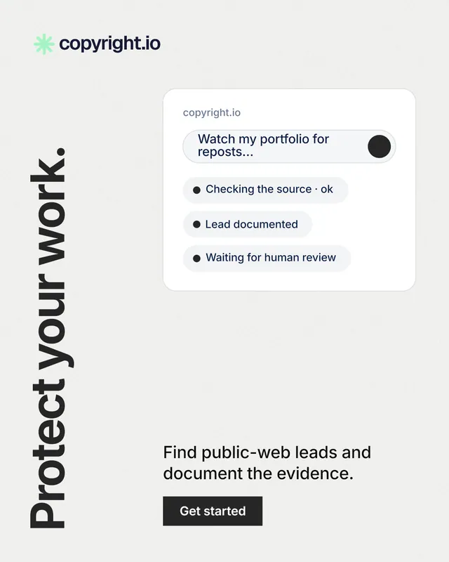Instagram portrait post for copyright.io: "Protect your work." Swiss style, vertical layout, light palette in white.