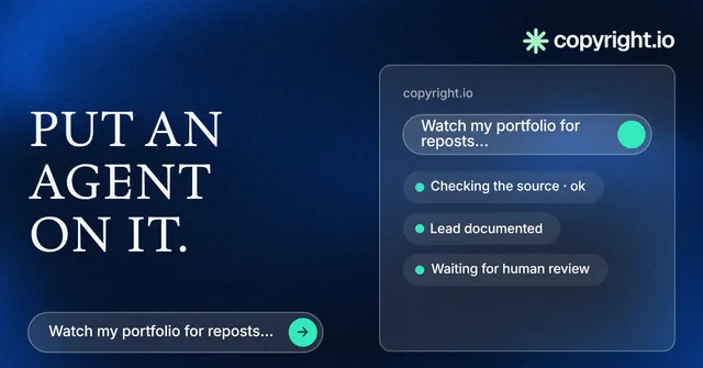 Social ad for copyright.io: "Put an agent on it." Agentic glass style, bottom layout, dark palette in blue, black.