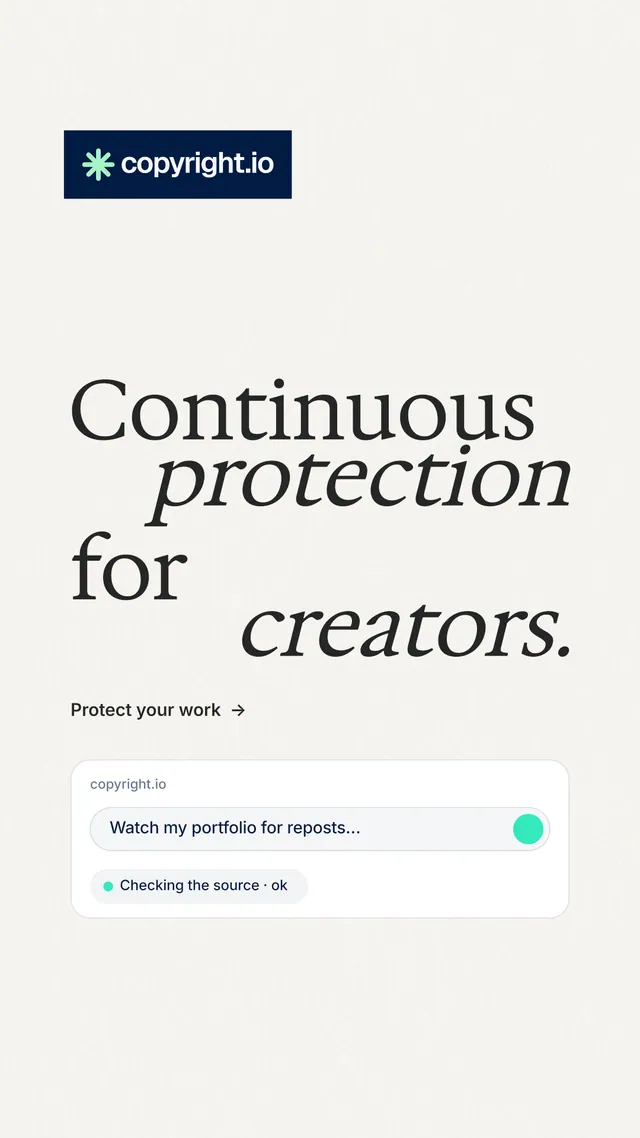 Instagram story for copyright.io: "Continuous protection for creators." Minimal luxury style, stacked layout, light palette in white.