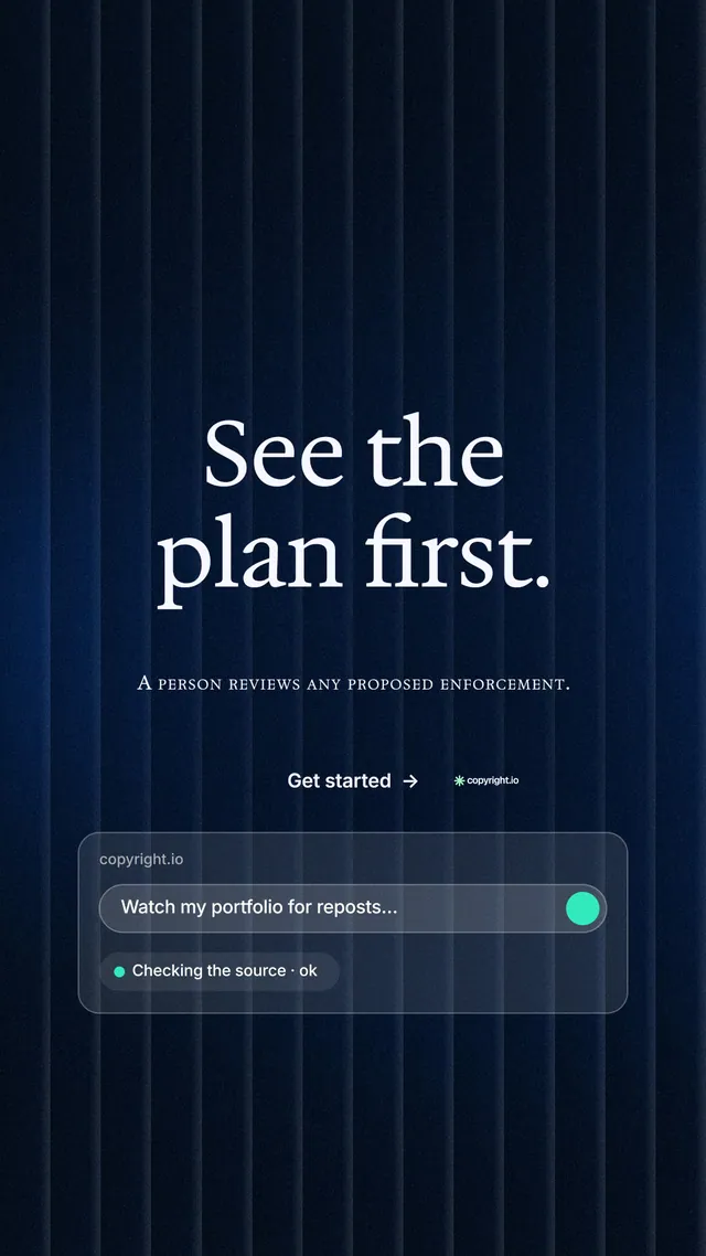 Instagram story for copyright.io: "See the plan first." Minimal luxury style, smallcaps layout, dark palette in black, blue.