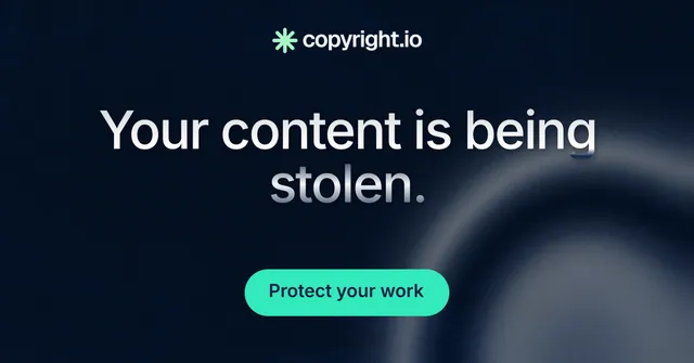 Social ad for copyright.io: "Your content is being stolen." Y2K style, centred layout, dark palette in black, blue, teal.