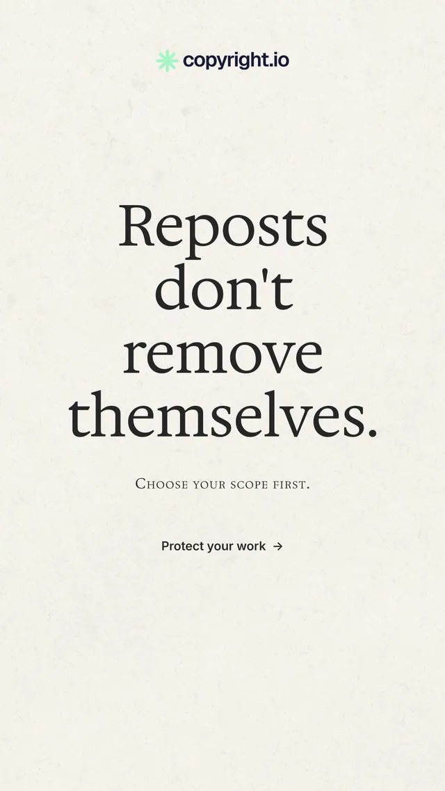 Instagram story for copyright.io: "Reposts don't remove themselves." Minimal luxury style, smallcaps layout, light palette in white, grey.