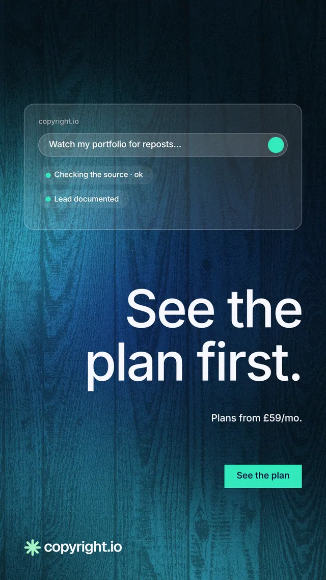 Instagram story for copyright.io: "See the plan first." Swiss style, right layout, dark palette in black, blue, teal.