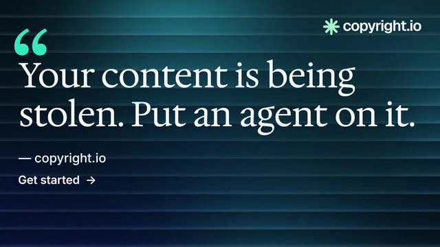Landscape graphic for copyright.io: "Reposts don't remove themselves." Minimal luxury style, quote layout, dark palette in blue, black, teal.