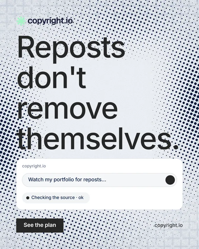 Instagram portrait post for copyright.io: "Reposts don't remove themselves." Retro print style, poster layout, light palette in white, blue, grey.