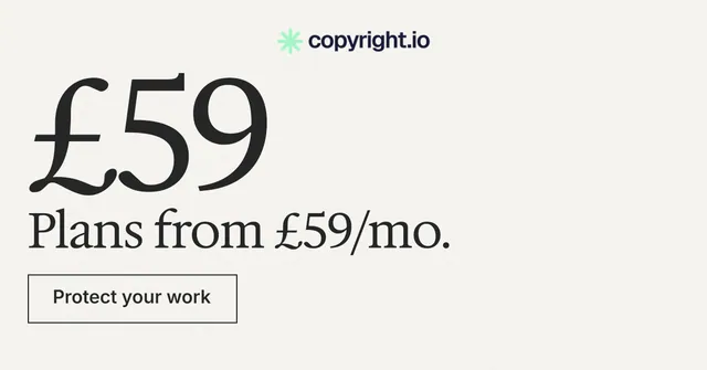 Social ad for copyright.io: "Continuous protection for creators." Editorial style, stat layout, light palette in white, grey.