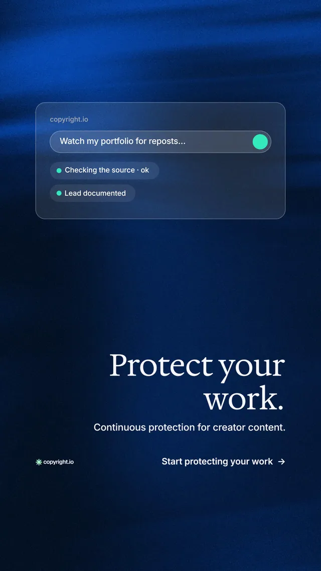 Instagram story for copyright.io: "Protect your work." Minimal luxury style, right layout, dark palette in blue, black.