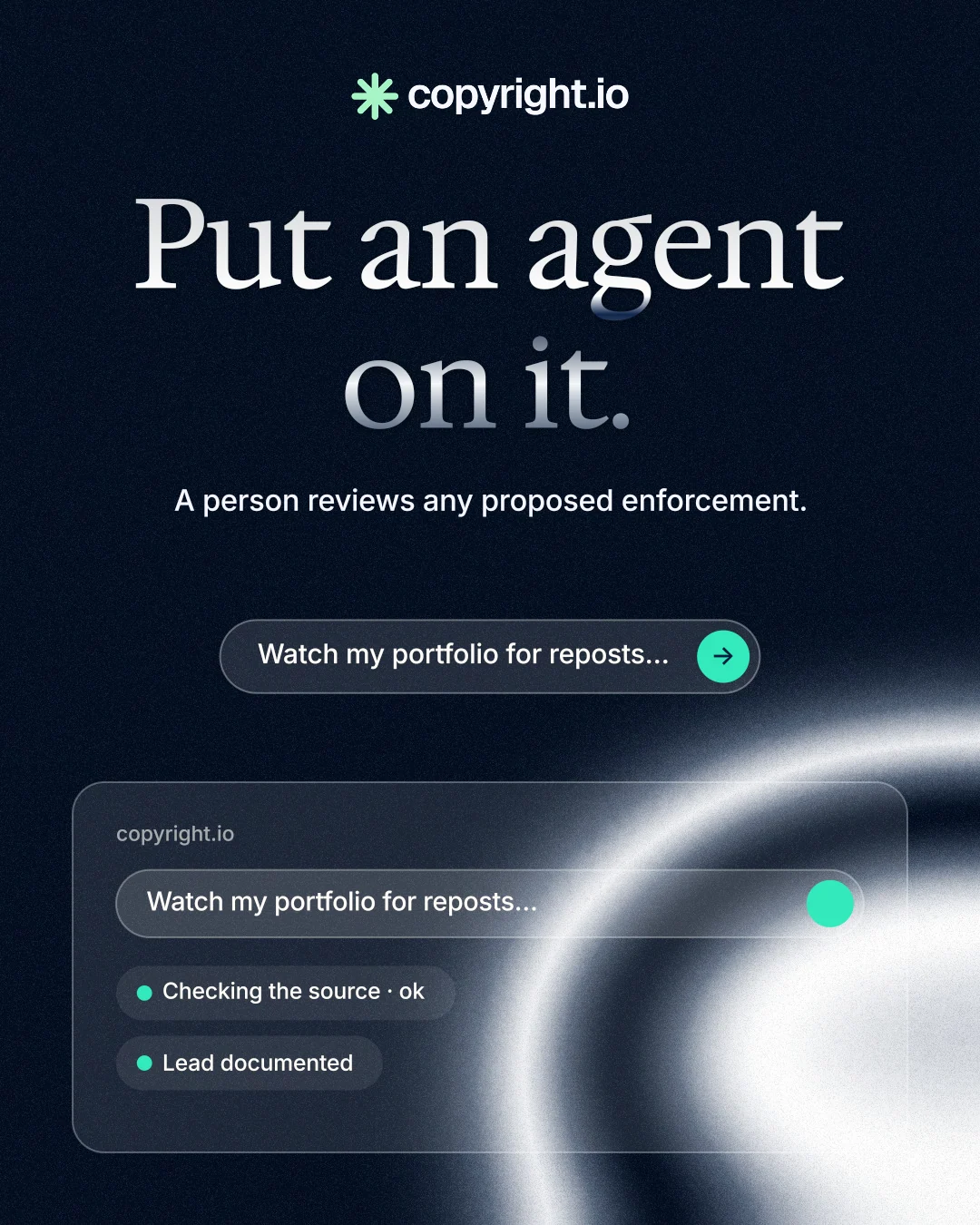 Instagram portrait post for copyright.io: "Put an agent on it." Agentic glass style, centred layout, dark palette in black, blue, grey.