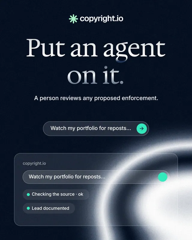 Instagram portrait post for copyright.io: "Put an agent on it." Agentic glass style, centred layout, dark palette in black, blue, grey.