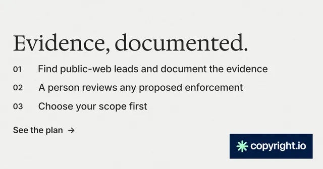 Social ad for copyright.io: "Evidence, documented." Minimal luxury style, numbered layout, light palette in white, grey.