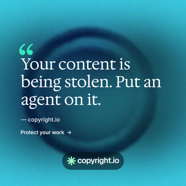 Instagram post for copyright.io: "Your content is being stolen." Minimal luxury style, quote layout, dark palette in teal, blue.