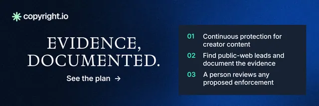 X header for copyright.io: "Evidence, documented." Minimal luxury style, skeleton layout, dark palette in blue, black, grey.