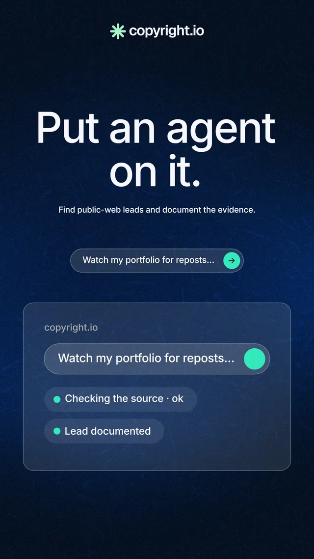 Instagram story for copyright.io: "Put an agent on it." Agentic glass style, centred layout, dark palette in blue, black.