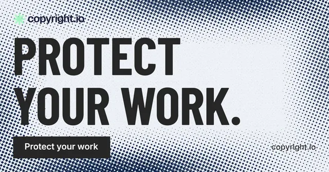Social ad for copyright.io: "Protect your work." Retro print style, poster layout, light palette in grey, blue, white.