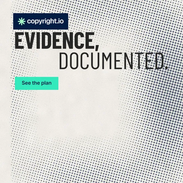 Instagram post for copyright.io: "Evidence, documented." Retro print style, stacked layout, light palette in white, orange, grey.