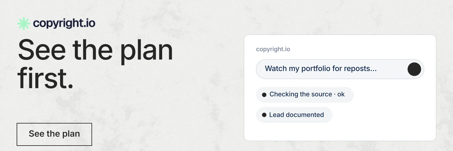 X header for copyright.io: "See the plan first." Editorial style, bottom layout, light palette in white, grey.
