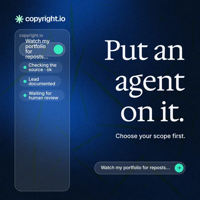 Instagram post for copyright.io: "Put an agent on it." Agentic glass style, right layout, dark palette in blue, black.