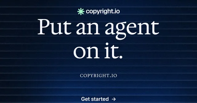 Social ad for copyright.io: "Put an agent on it." Agentic glass style, smallcaps layout, dark palette in blue, black.