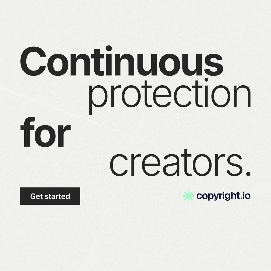 Instagram post for copyright.io: "Continuous protection for creators." Swiss style, stacked layout, light palette in white, grey.