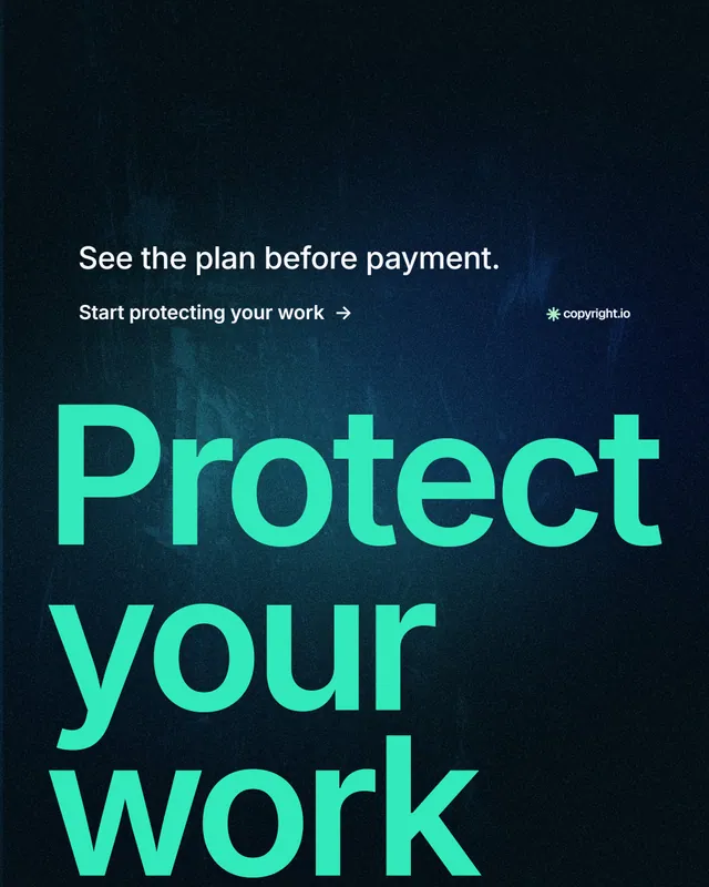 Instagram portrait post for copyright.io: "Continuous protection for creators." Minimal luxury style, oversized layout, dark palette in blue, black, teal.