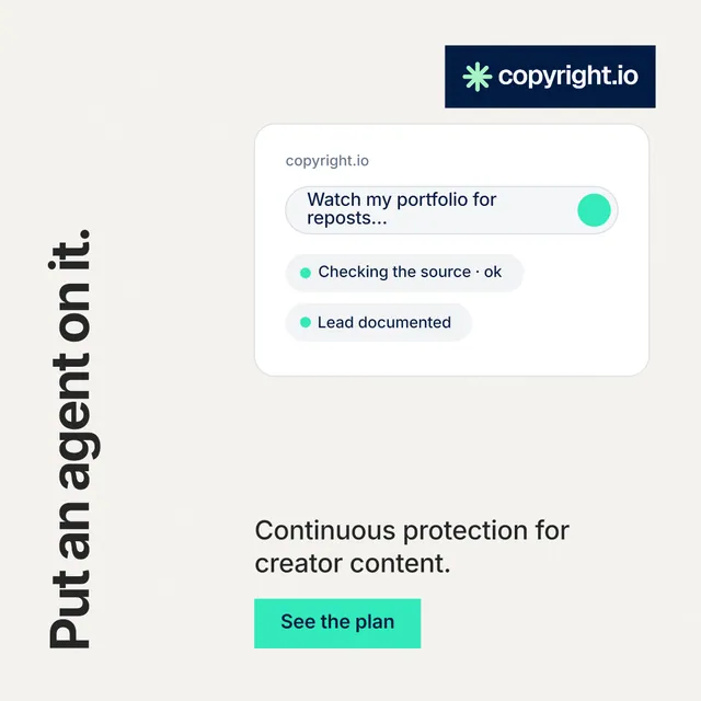 Instagram post for copyright.io: "Put an agent on it." Swiss style, vertical layout, light palette in white, grey.