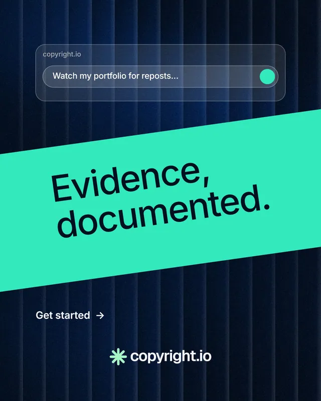 Instagram portrait post for copyright.io: "Evidence, documented." Minimal luxury style, diagonal layout, dark palette in teal, black, blue.